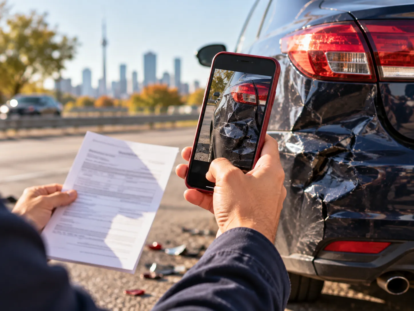 A hand photographing a crumpled car bumper at a GTA roadside after a collision.