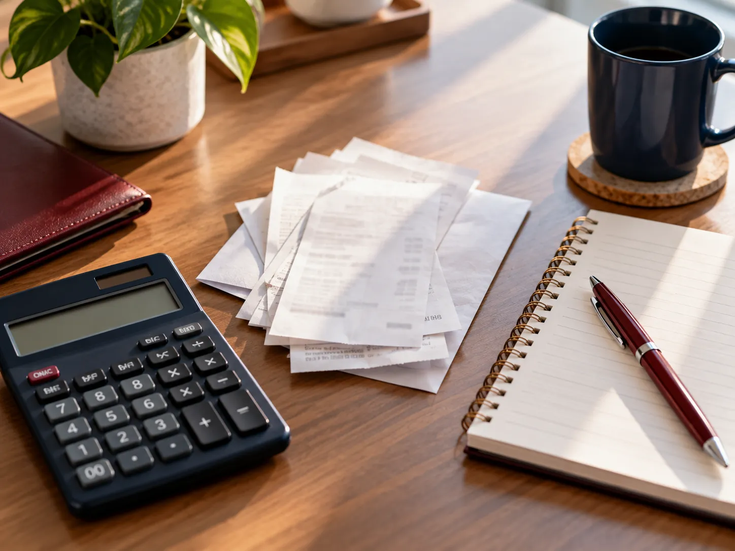 A calculator, receipts, and a notepad on a plain desk in soft daylight.