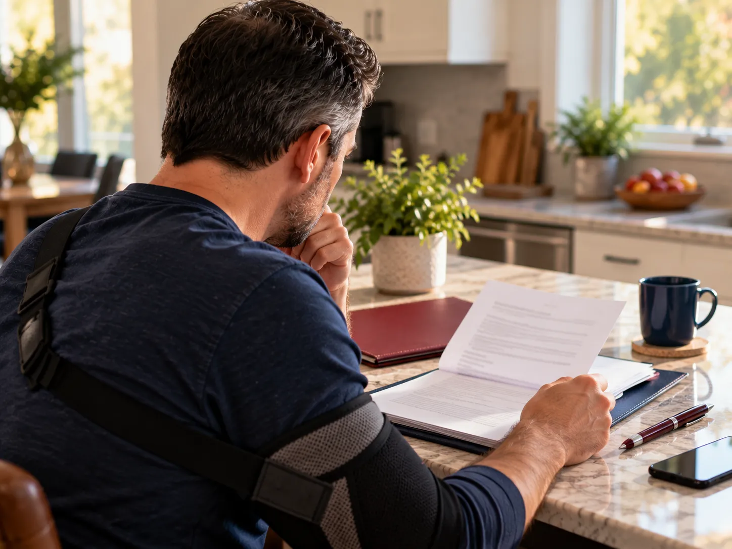 An inuried man reading over a contract from a law firm