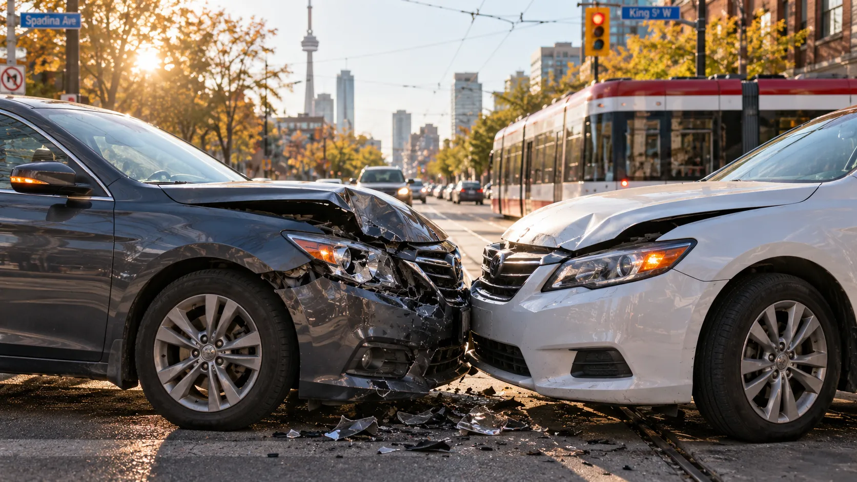 Two cars with crumpled bumpers at a sunlit Toronto intersection near a streetcar track after a collision.
