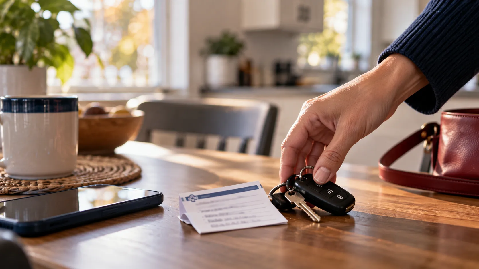 Car keys and a medical appointment card on a kitchen table beside a phone in soft daylight.