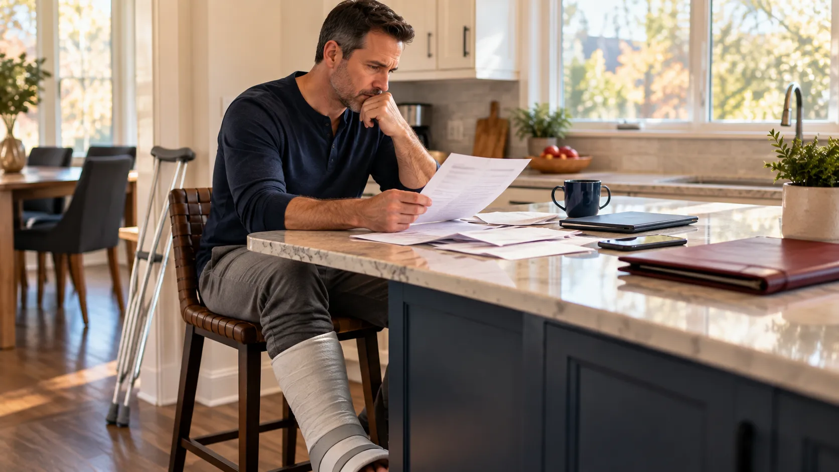 A man looking at bills at his kitchen counter with worry on his face