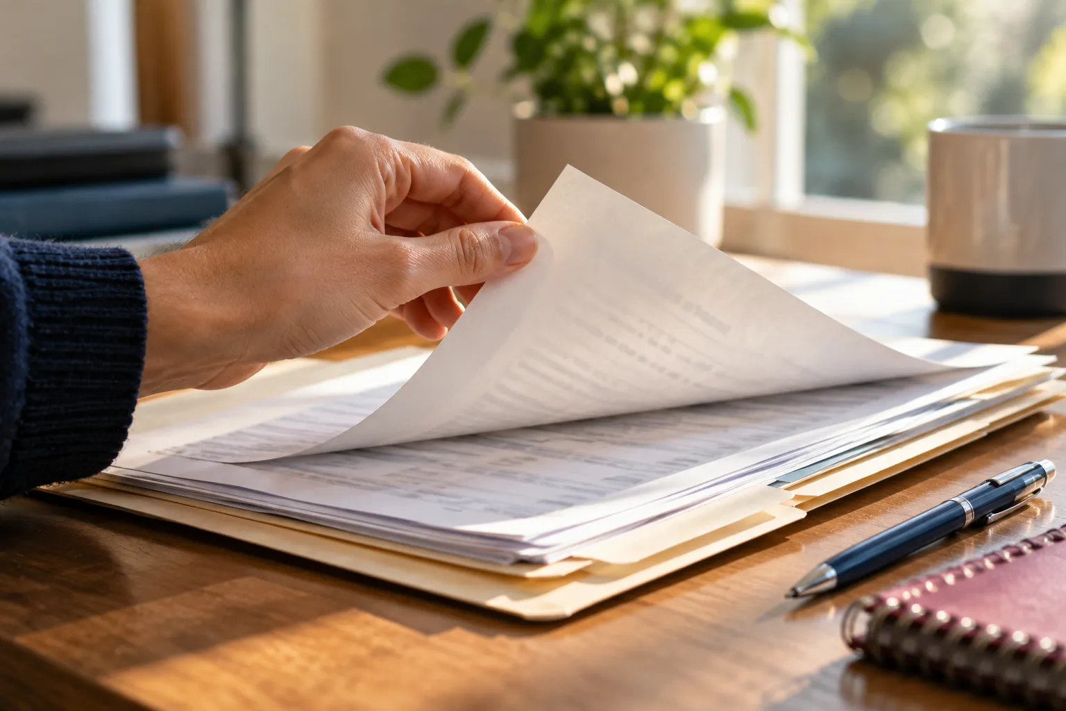 A hand turning a page of a medical file folder on a table in soft daylight, with text illegible.