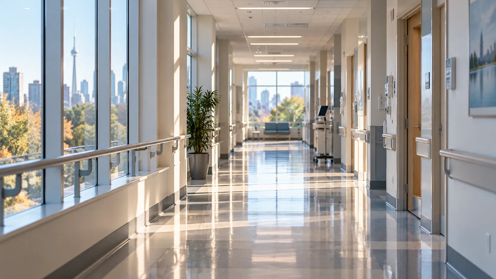 Quiet sunlit hospital corridor with a polished floor and handrail leading toward soft daylight, no people.