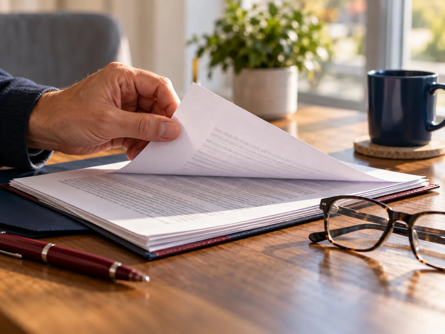 A hand turning a page of a plain agreement beside reading glasses on a table in soft daylight.