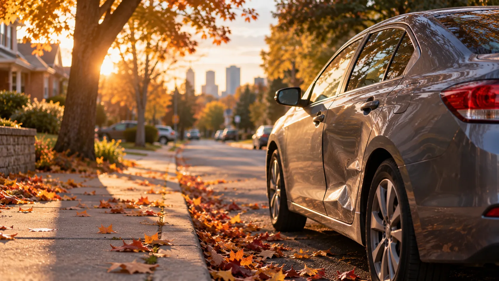 Quiet Etobicoke street at golden hour with a dented parked car and autumn leaves on the sidewalk.
