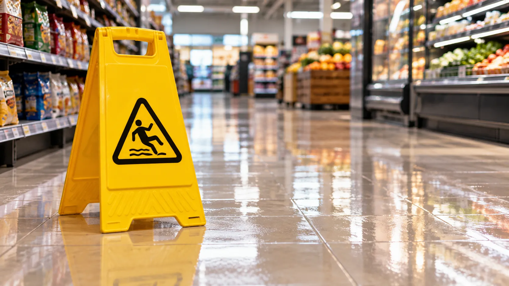 Yellow wet floor caution sign on a glossy freshly mopped supermarket aisle with light reflecting off the tile.