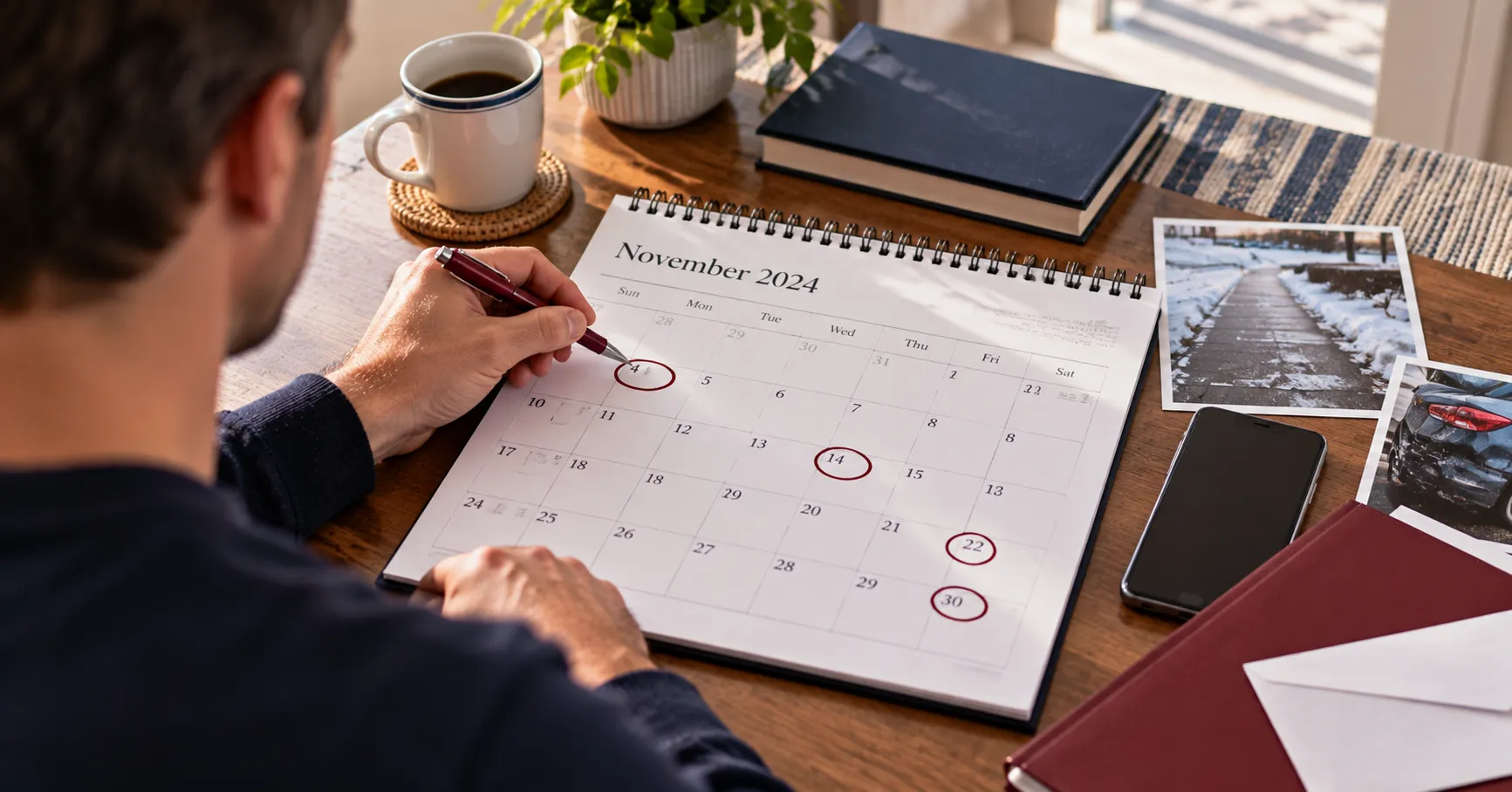 A man marketing a calendar on his desk with accident photos showing the accident