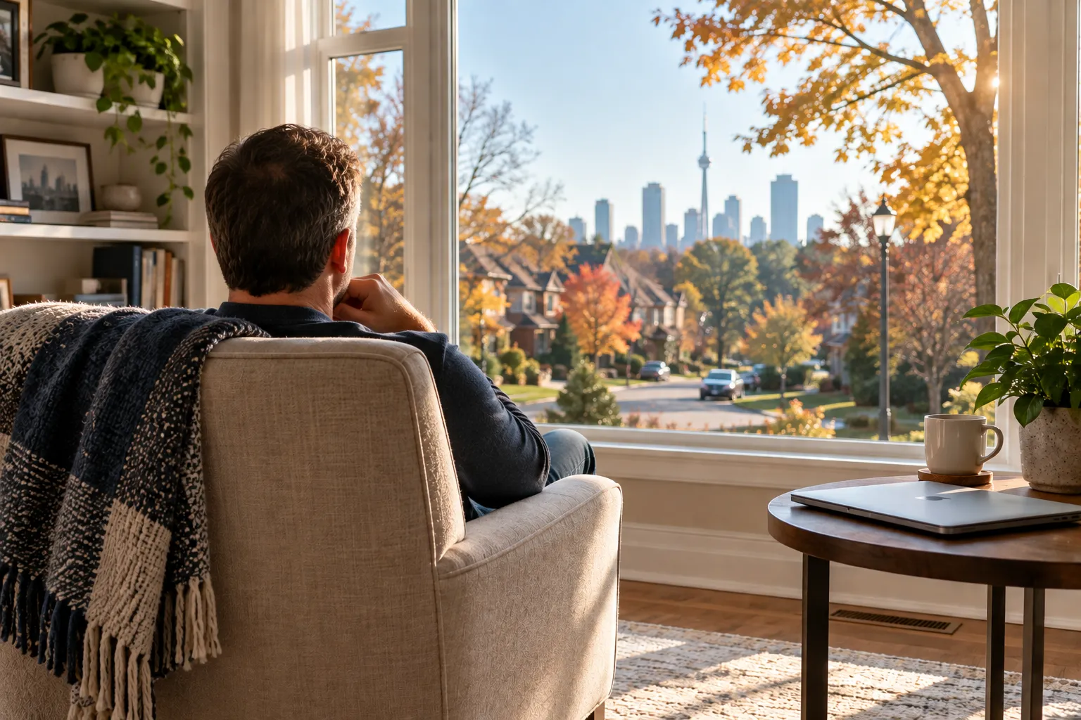 A man in an armchair by a bright window overlooking a quiet GTA street, with a folded blanket and closed laptop nearby.