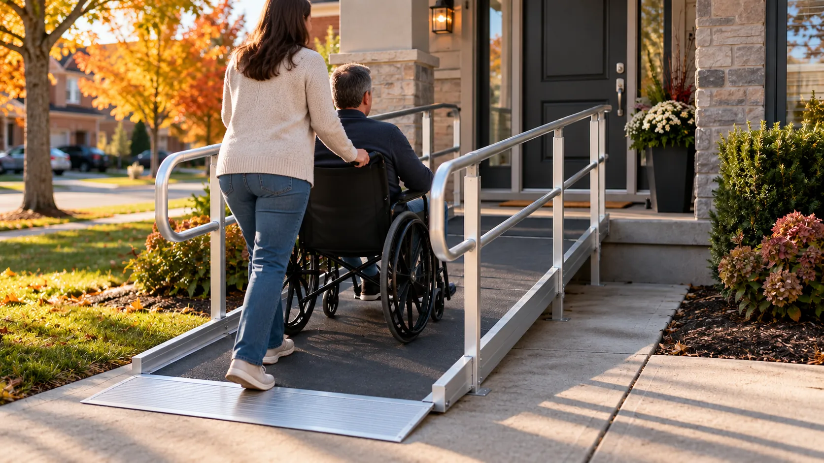 Residential GTA doorway with a new wheelchair access ramp and a woman pushing a man up the ramp in warm afternoon light, with autumn trees behind.
