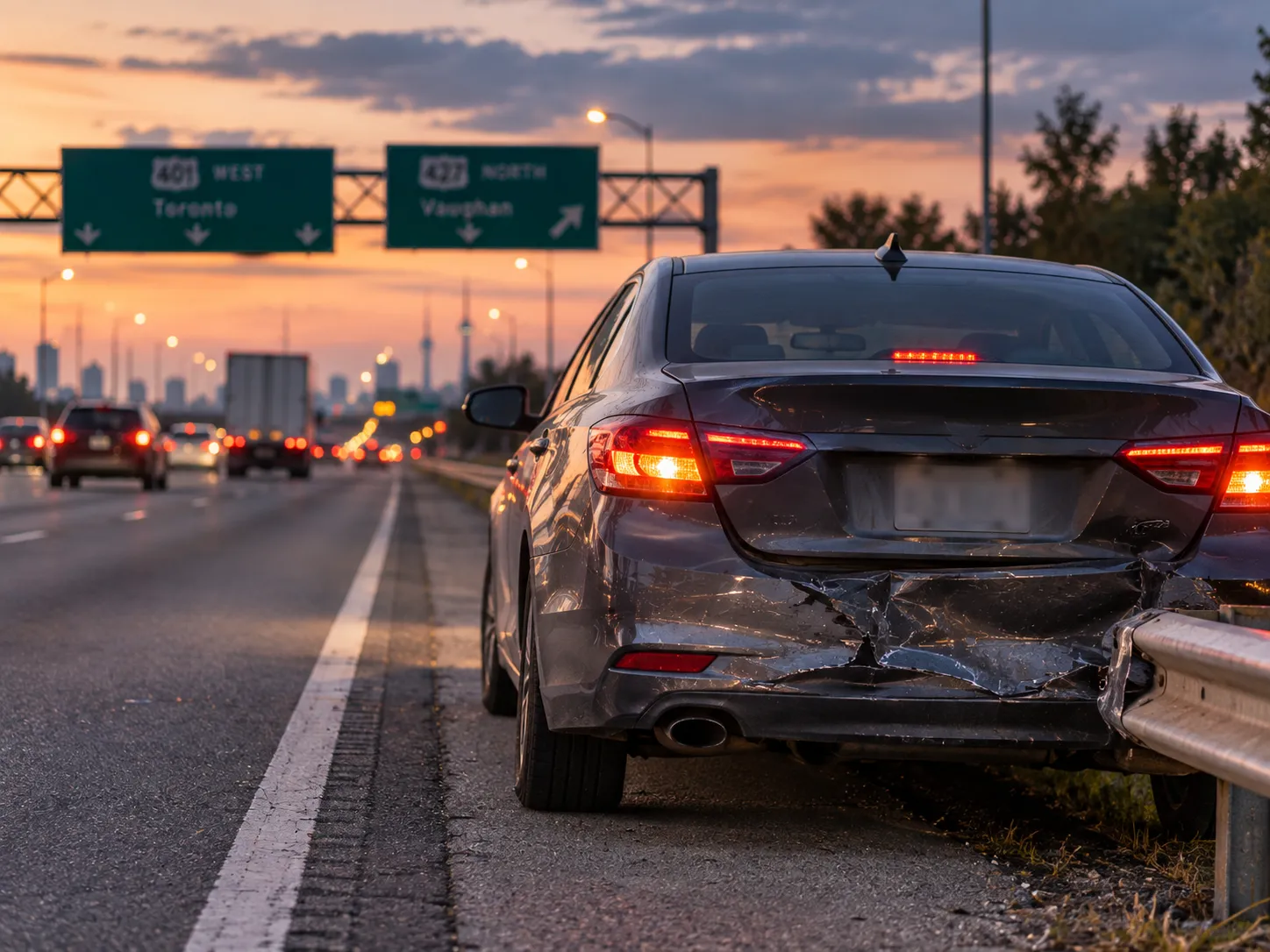 Car with a caved-in rear bumper and brake lights on, stopped on a GTA highway shoulder at dusk.