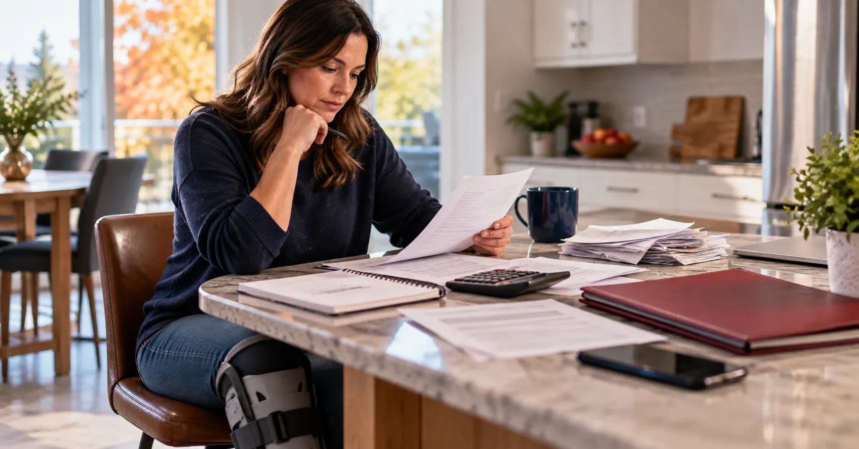 An injured woman reading mail at her kitchen counter
