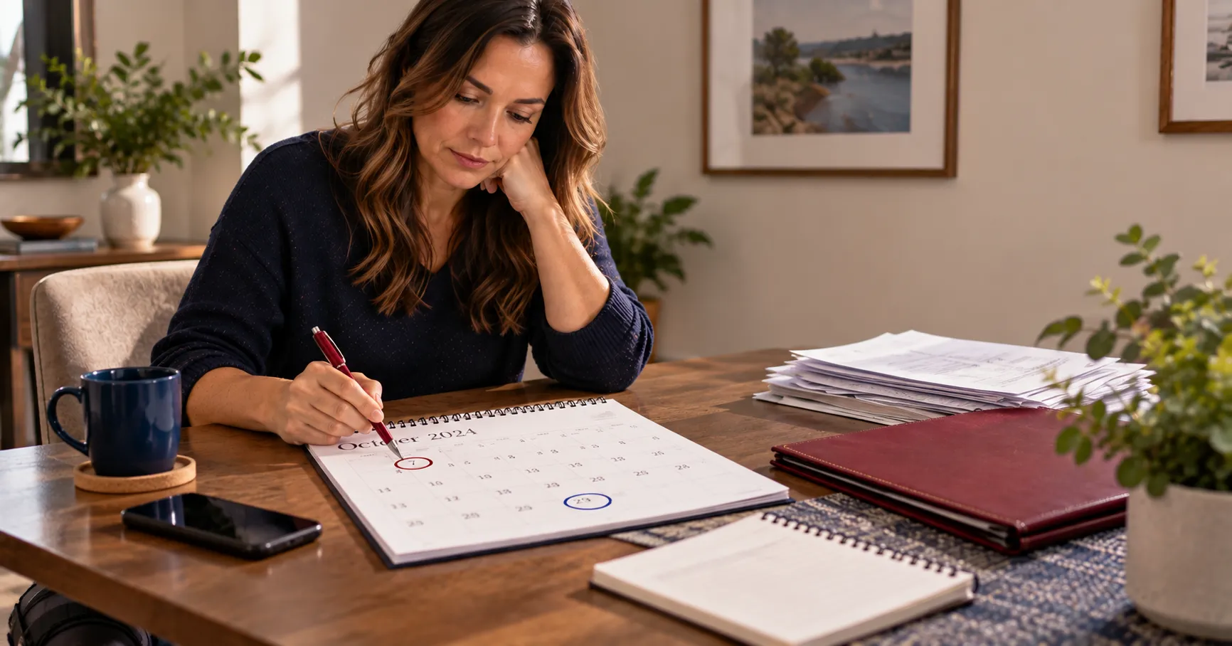 A woman going over a calendar in her kitchen.