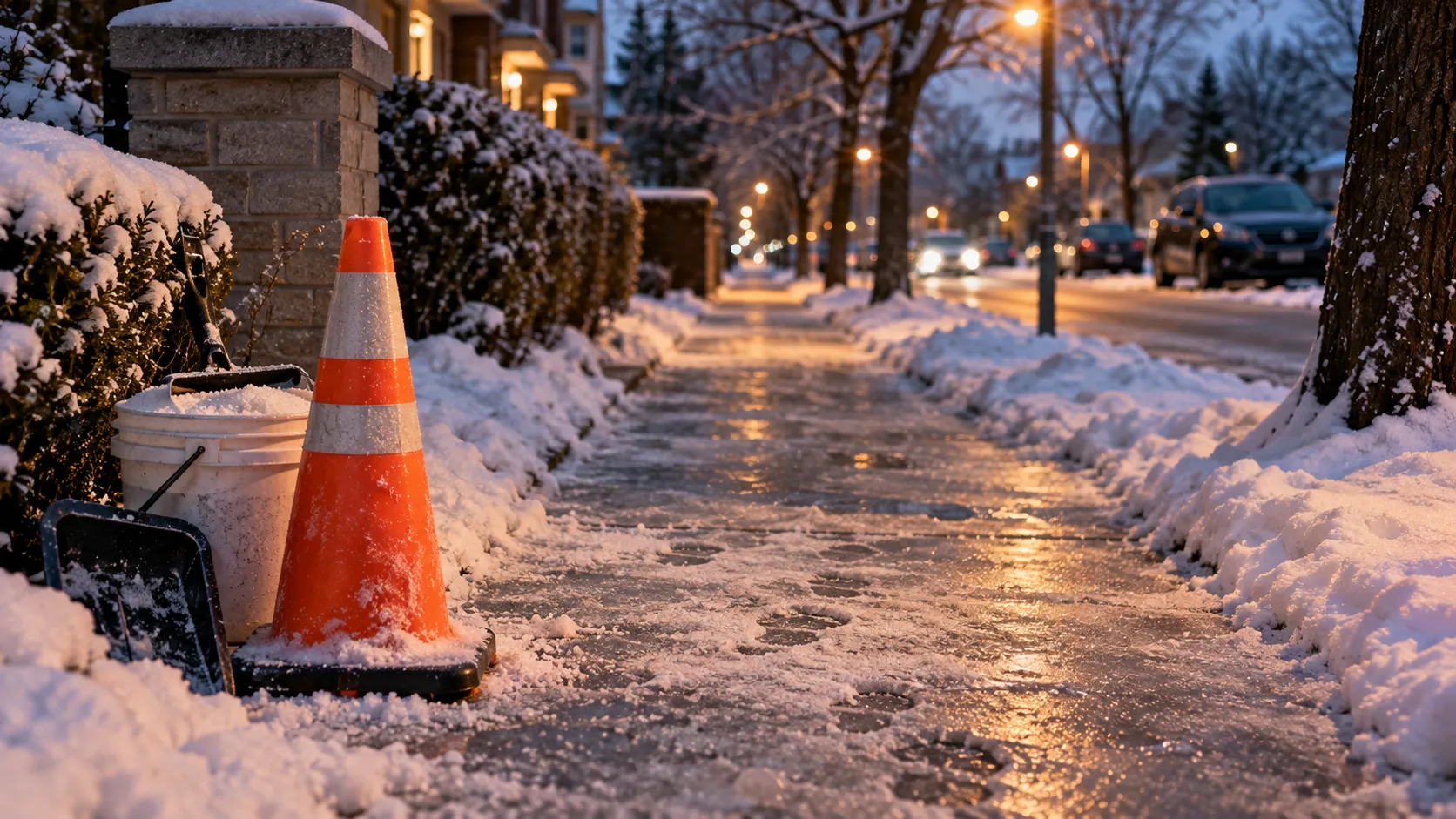 Icy Etobicoke sidewalk at dusk with a caution cone, salt bucket, and footprints in fresh snow.