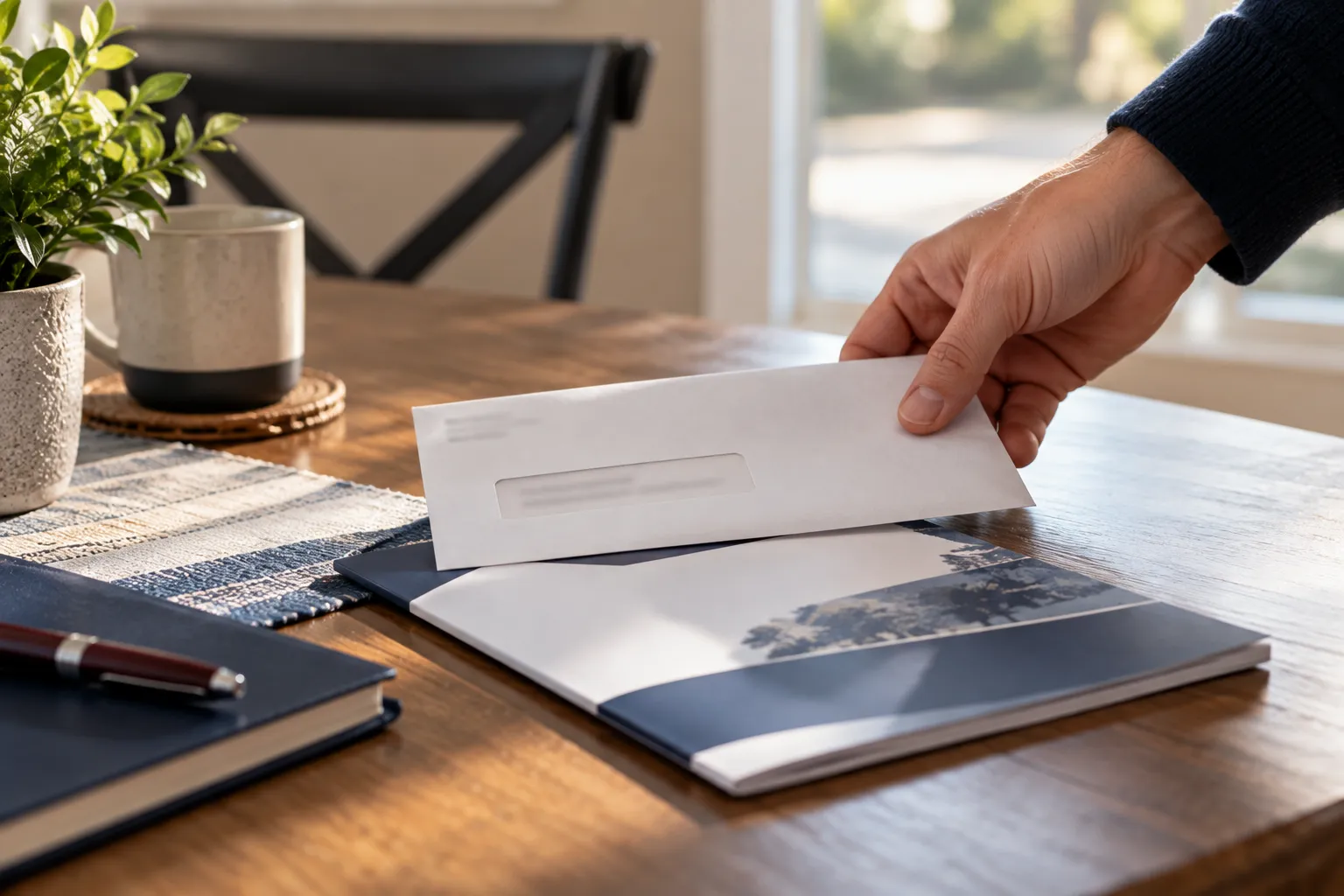 A hand placing a sealed envelope and a closed policy booklet on a kitchen table in soft daylight.