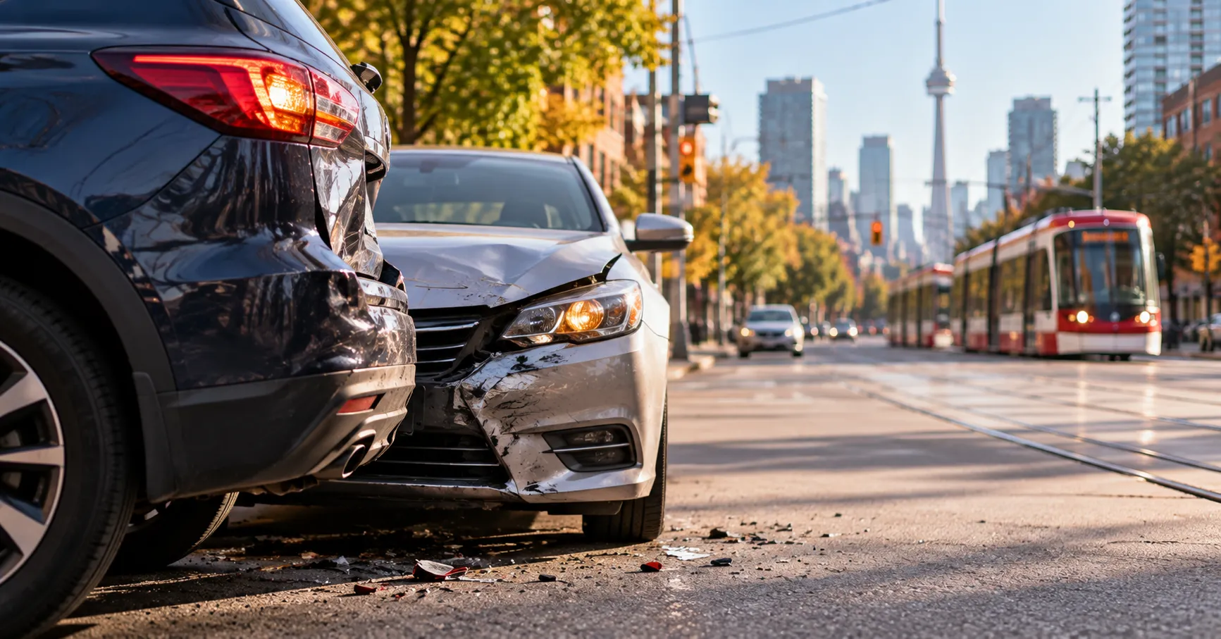 Two cars with crumpled bumpers and hazard lights stopped at a sunlit Toronto intersection near a streetcar track.