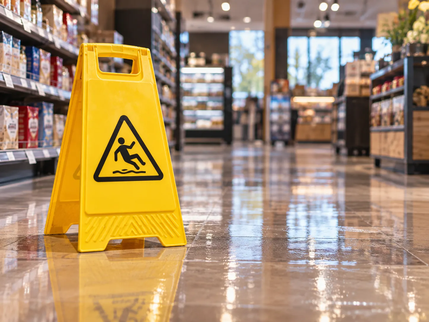 A yellow wet floor caution sign on a glossy freshly mopped store aisle.